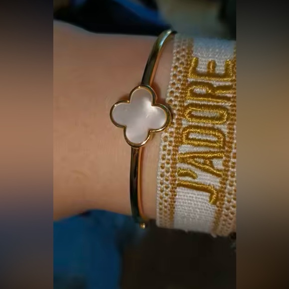 NWT Stainless Steel Metal Mother of Pearl Clover Bangle
Bracelet in Gold - Picture 6 of 6